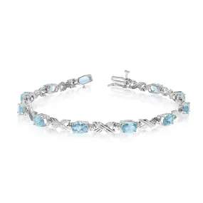 10K White Gold Oval Aquamarine Stones And Diamonds Tennis Bracelet, 7"