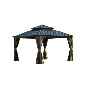 12'x12' Hardtop Gazebo, Outdoor Aluminum Frame Canopy with Galvanized Steel Double Roof, Brown