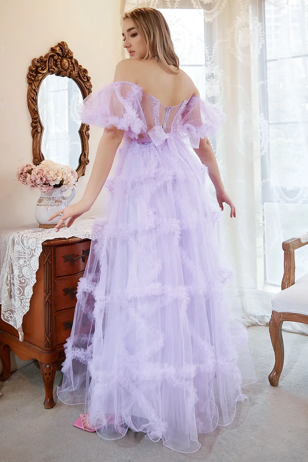 A Line Off the Shoulder Purple Corset Plus Size Prom Dress with Bowknot