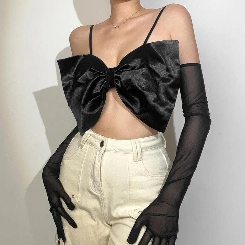 BerryBetty - Bowknot solid gloves backless mesh cami crop top