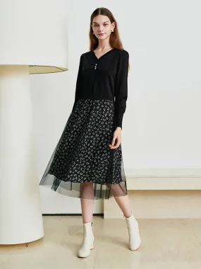 Black Bowknot Mesh Patchwork Double-Layer Midi Dress