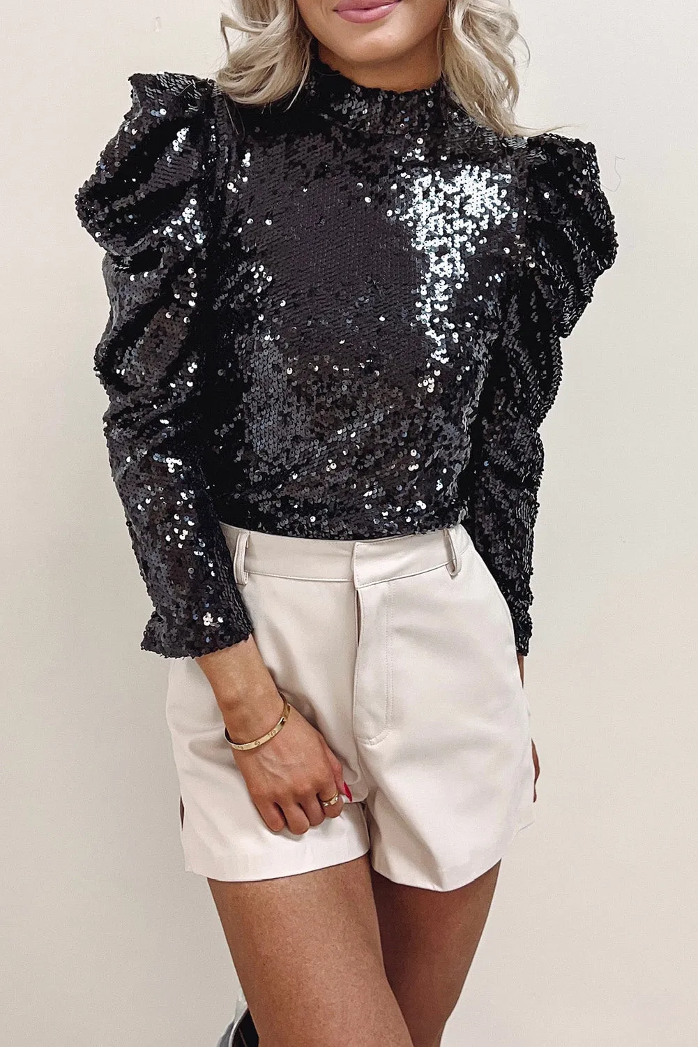 Black Sequin Mock Neck Bubble Sleeve Top