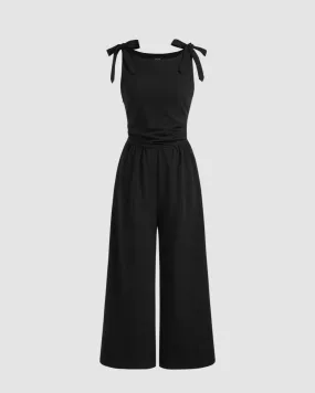 Boat Neckline Solid Bowknot Ruched Pocket Jumpsuit