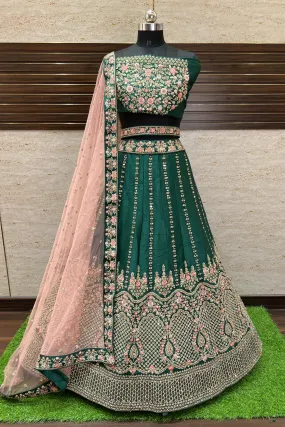 Bottle Green Stone, Embroidery, Mirror and Zari work Semi-Stitched Designer Bridal Lehenga with Belt