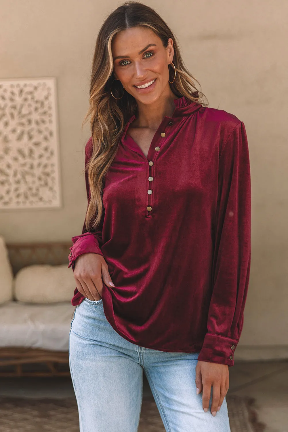 Burgundy Frilled Neck Buttoned Front Velvet Top