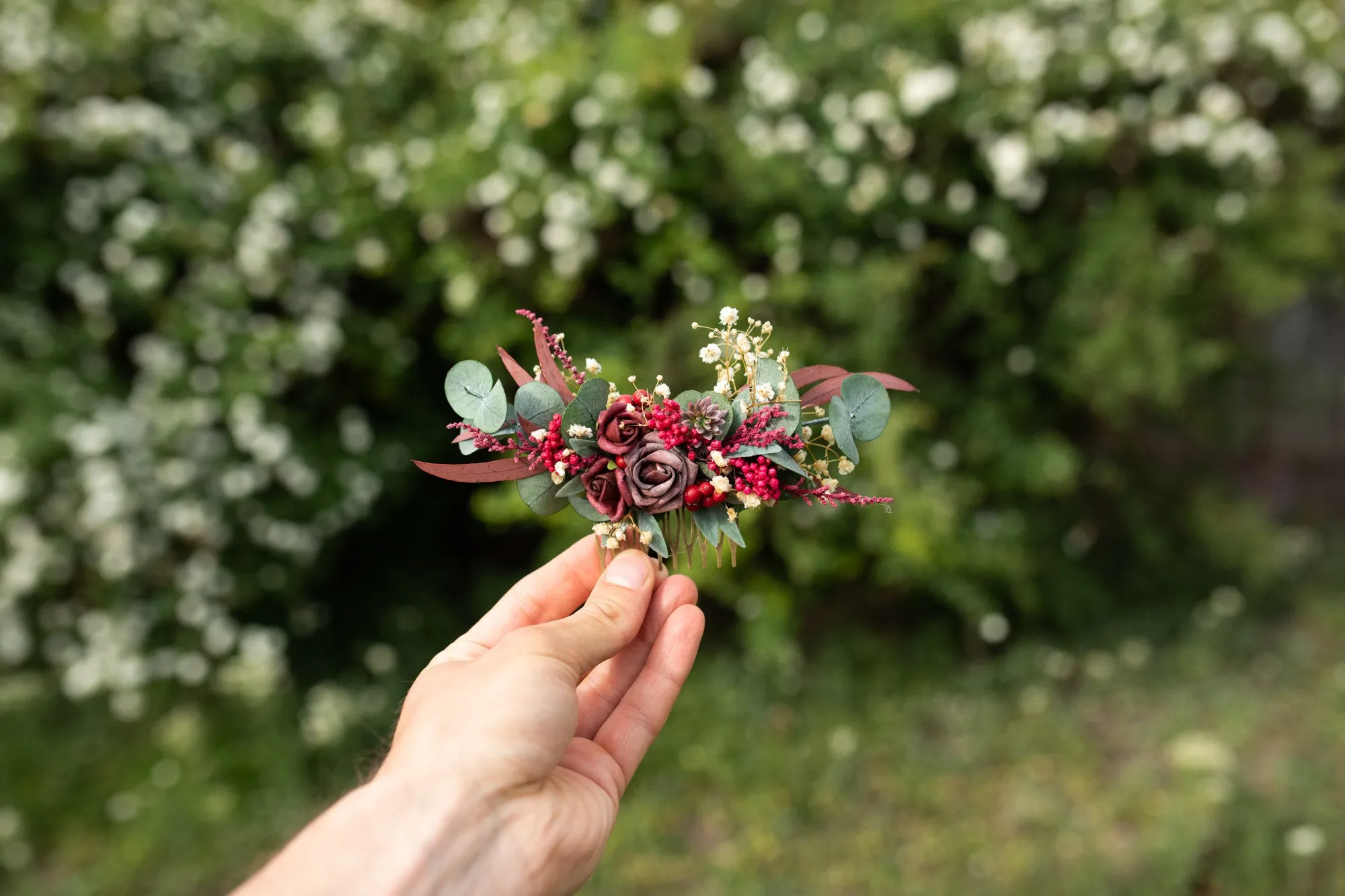 Burgundy wedding hair comb Bridal flower comb Magaela accessories Red wine flower jewellery Dark red roses Eucalyptus and Baby's breath comb