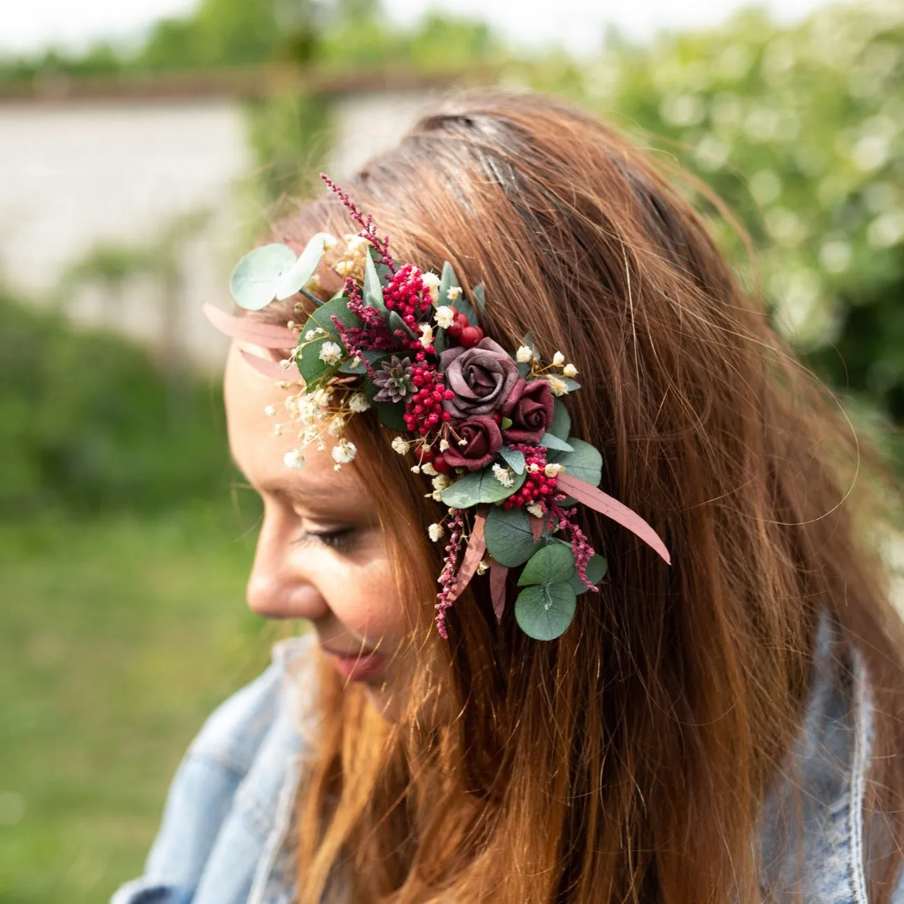 Burgundy wedding hair comb Bridal flower comb Magaela accessories Red wine flower jewellery Dark red roses Eucalyptus and Baby's breath comb