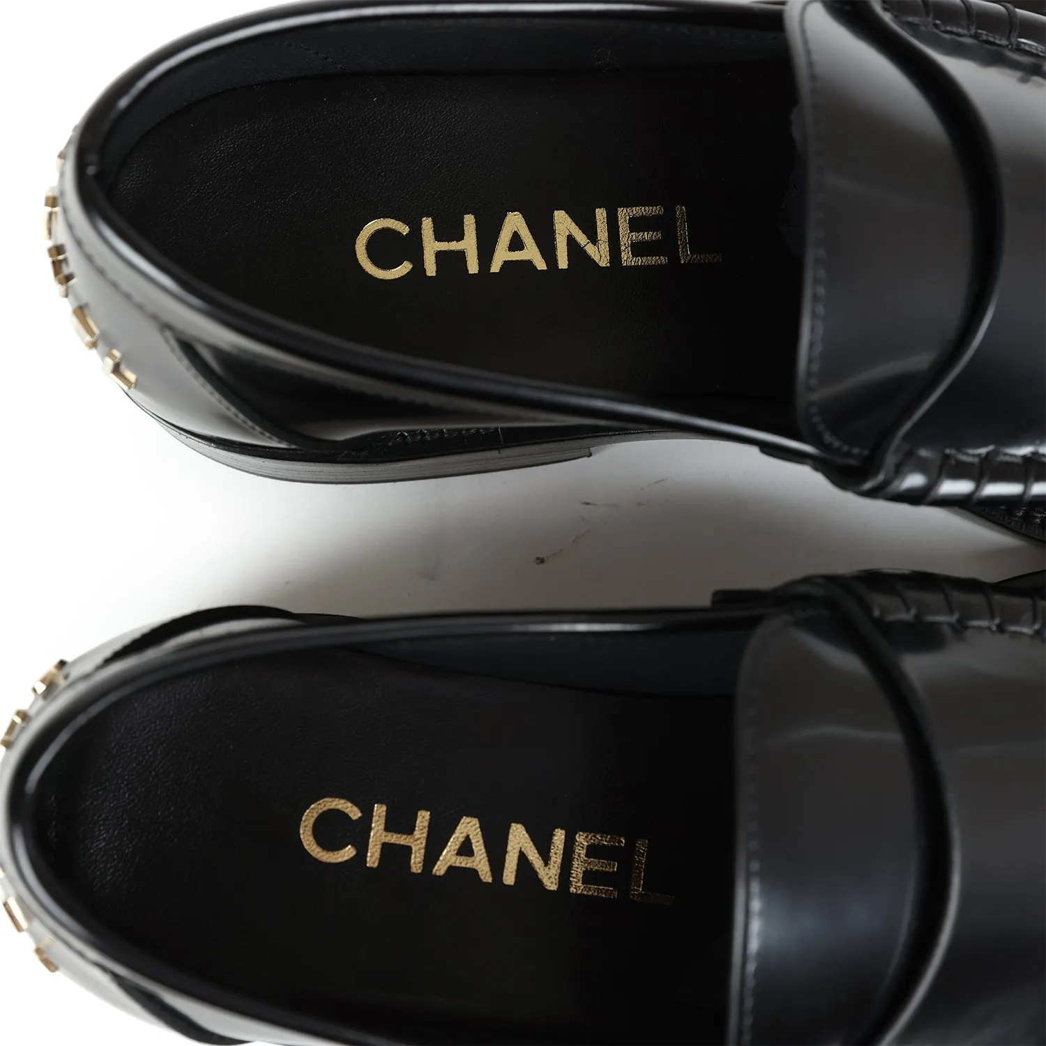 Chanel Loafers Black Shiny Calfskin Gold Hardware 37 EU