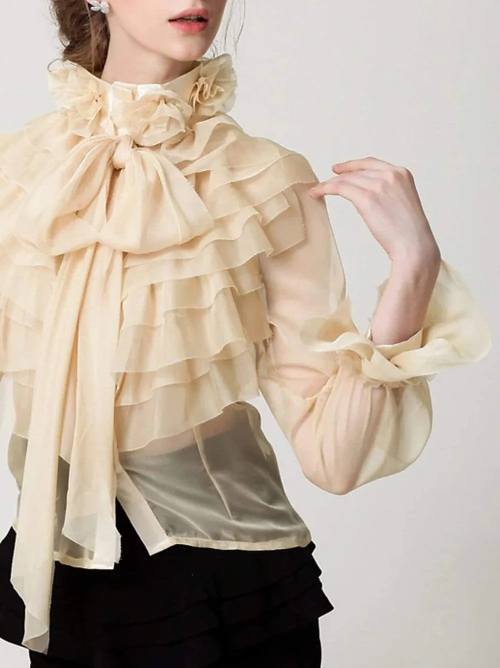 CORAL Bowknot Ruffle Blouse in Apricot