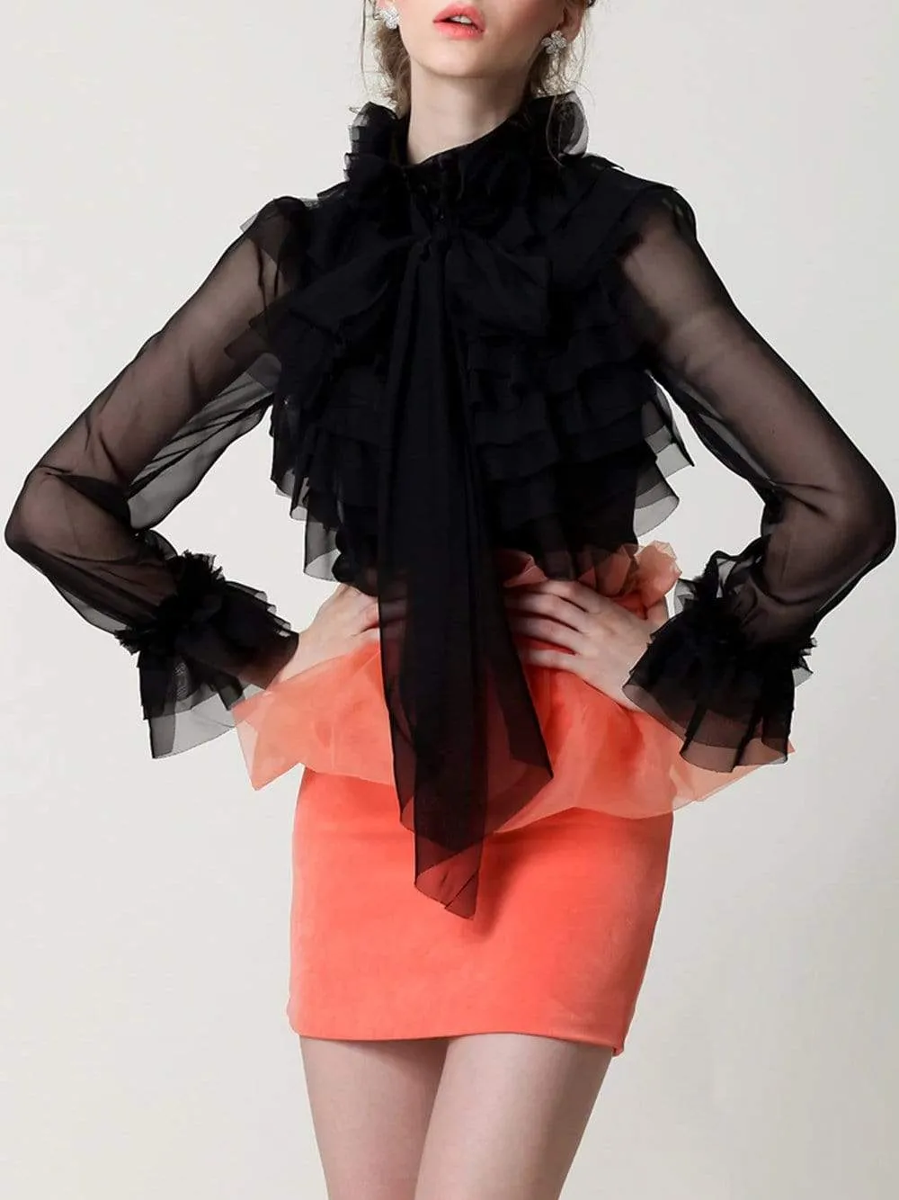 CORAL Bowknot Ruffle Blouse in Black