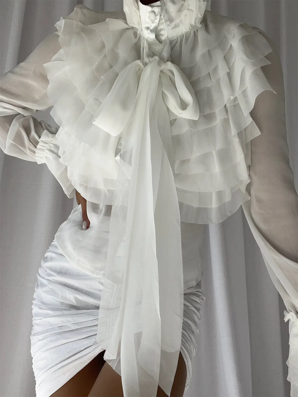 CORAL Bowknot Ruffle Blouse in White