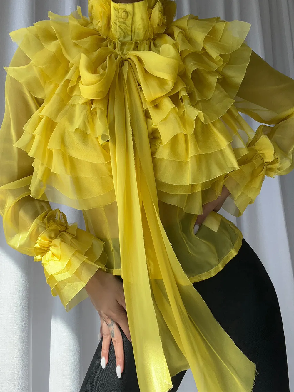 CORAL Bowknot Ruffle Blouse in Yellow