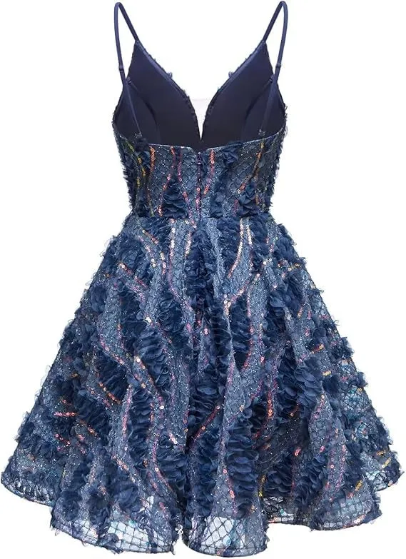 Dark Navy Sequins Spaghetti Straps V Neck Homecoming Dress