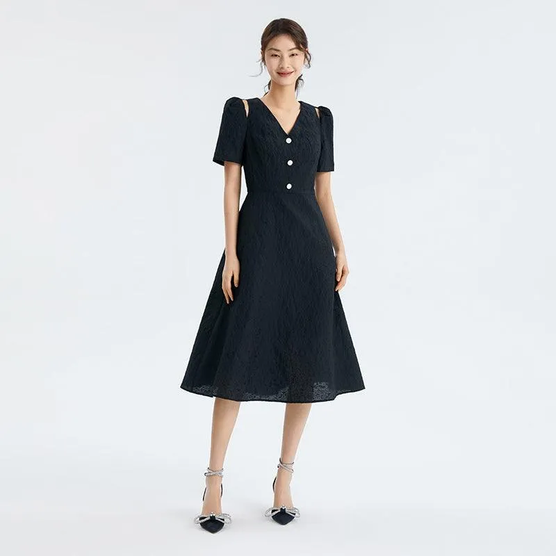 Detachable Bowknot Jacquard High Waist Dress