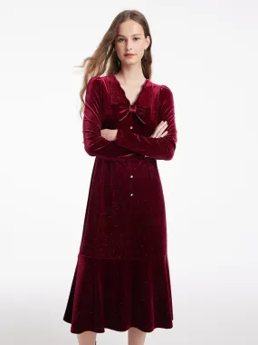 Detachable Bowknot Velvet Midi Women Dress