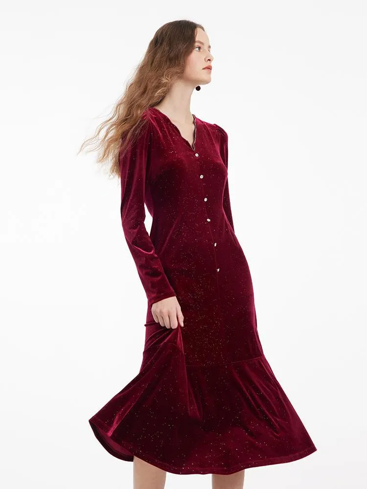 Detachable Bowknot Velvet Midi Women Dress