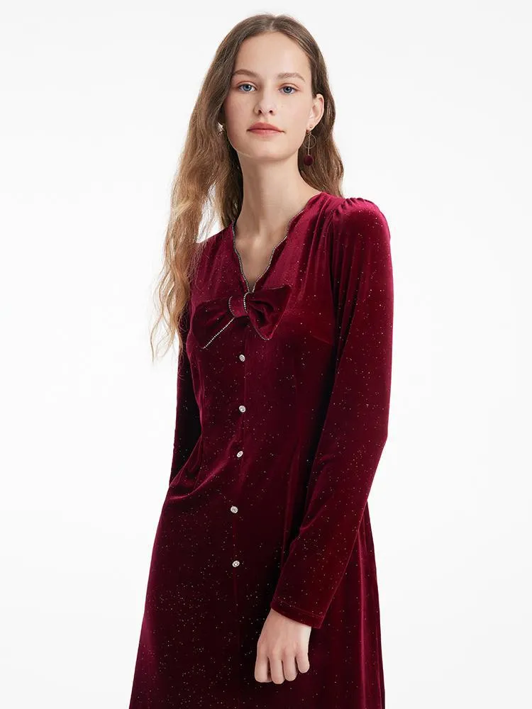 Detachable Bowknot Velvet Midi Women Dress