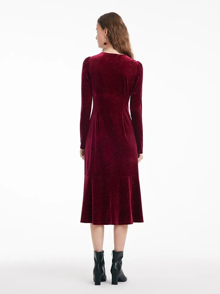 Detachable Bowknot Velvet Midi Women Dress