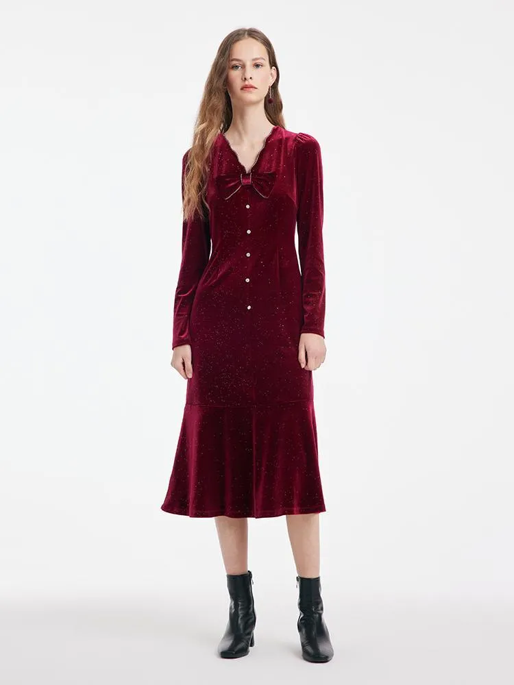 Detachable Bowknot Velvet Midi Women Dress