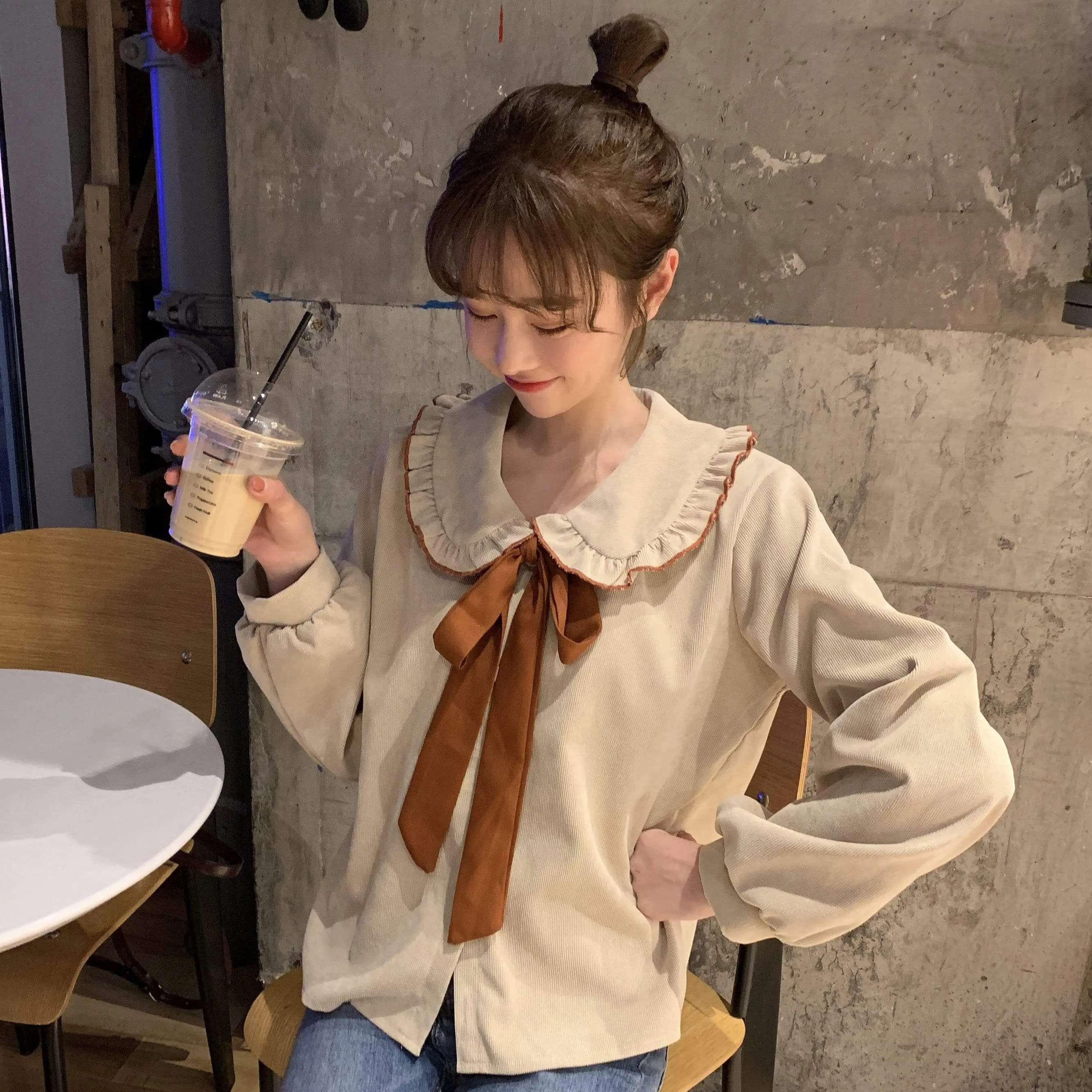 Front Bowknot Peter Pan Collar Shirt