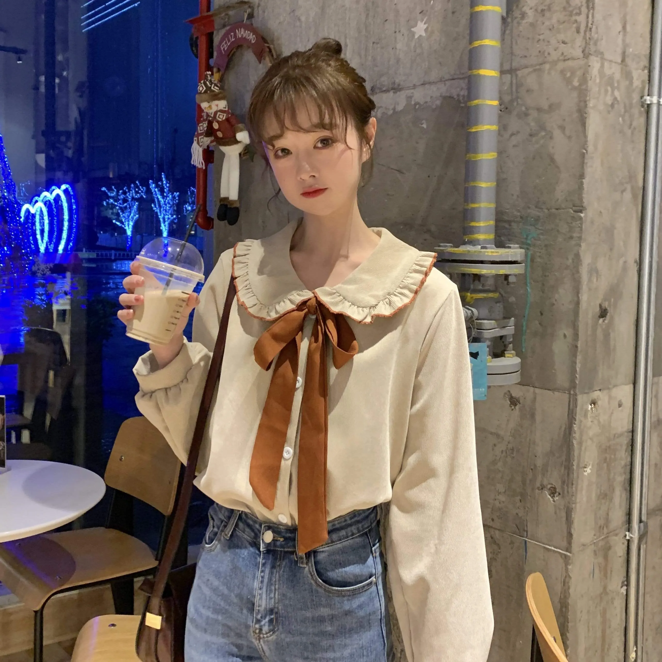 Front Bowknot Peter Pan Collar Shirt