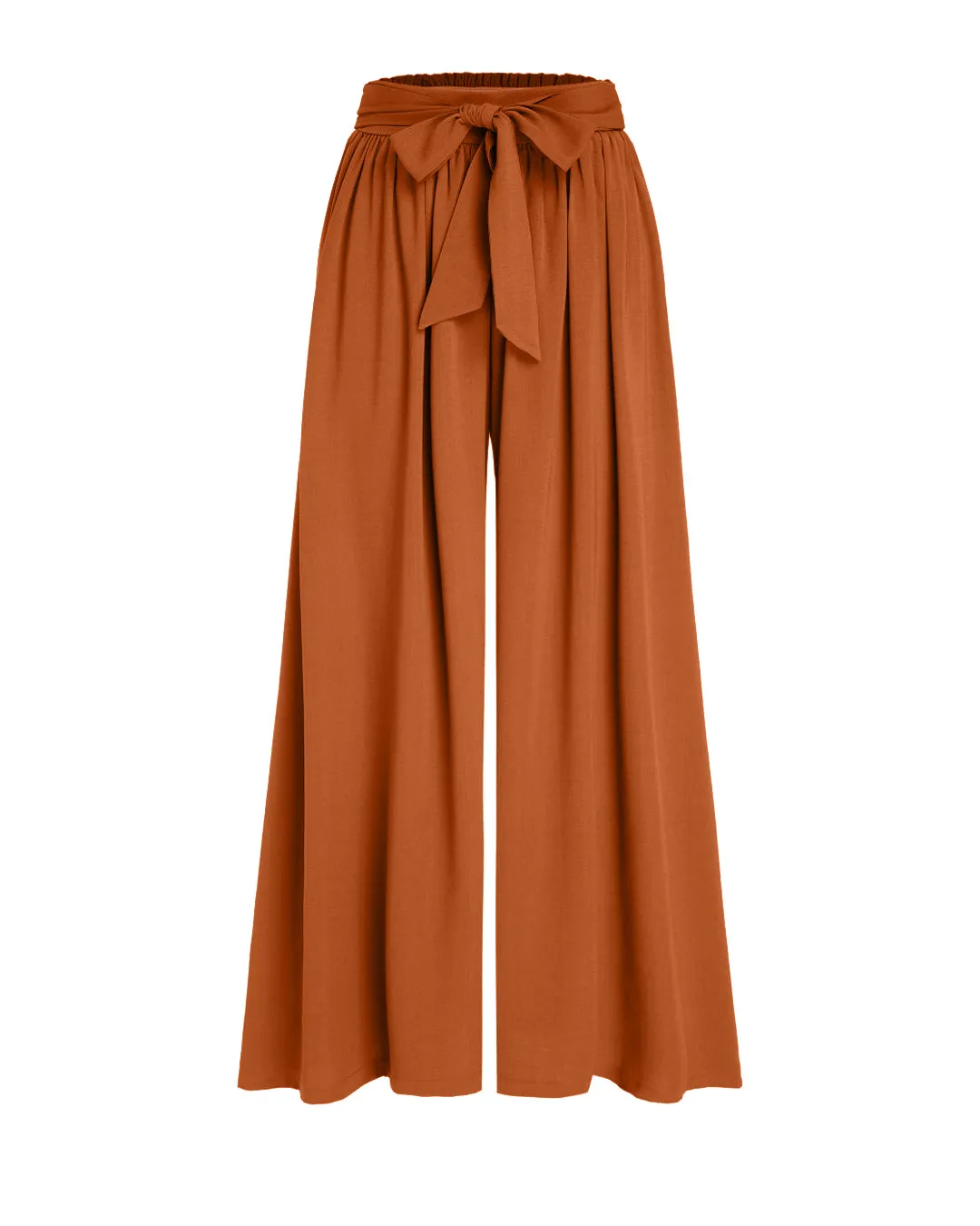 High Rise Bowknot Shirred Wide Leg Trousers In Rust Orange