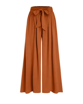 High Rise Bowknot Shirred Wide Leg Trousers In Rust Orange