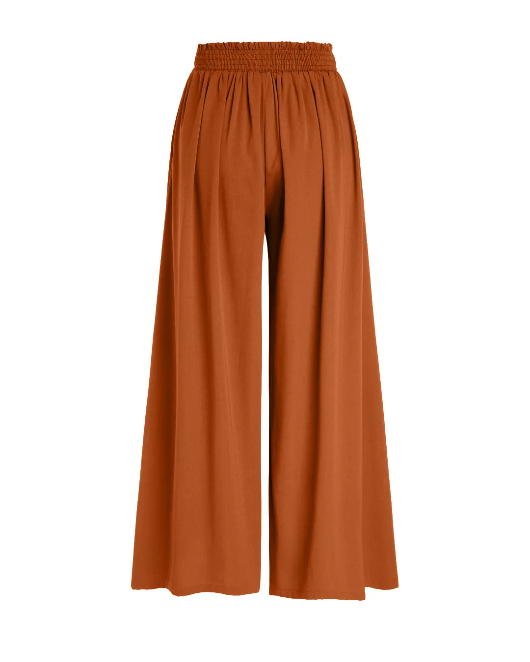 High Rise Bowknot Shirred Wide Leg Trousers In Rust Orange