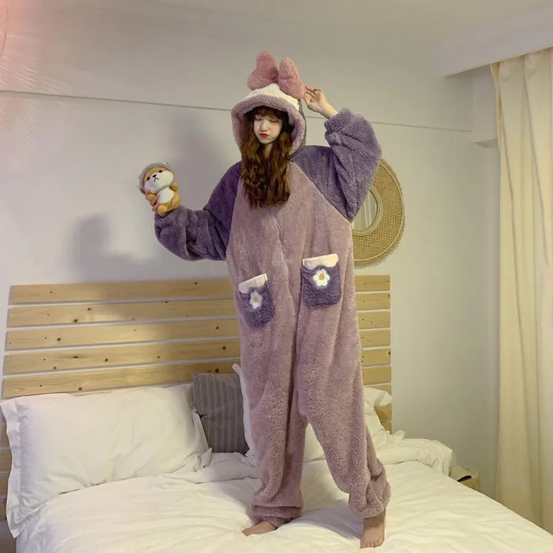 Kawaii Contrast Color Bowknot Velet One-piece Pajama