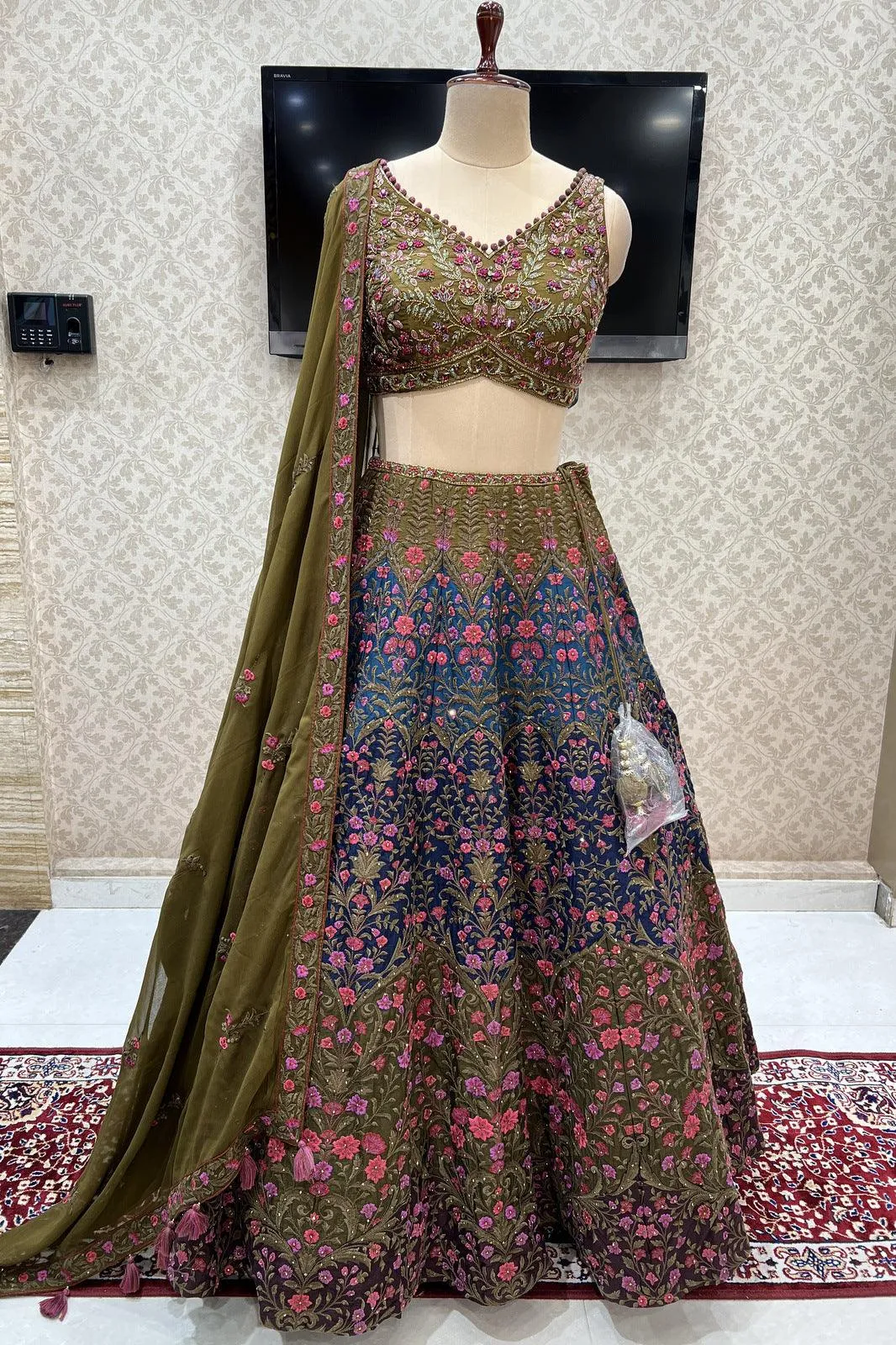 Mehendi Green with Multicolor Embroidery and Stone work Crop Top Designer Bridal Lehenga