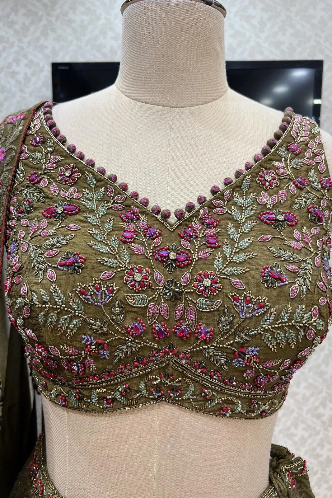 Mehendi Green with Multicolor Embroidery and Stone work Crop Top Designer Bridal Lehenga