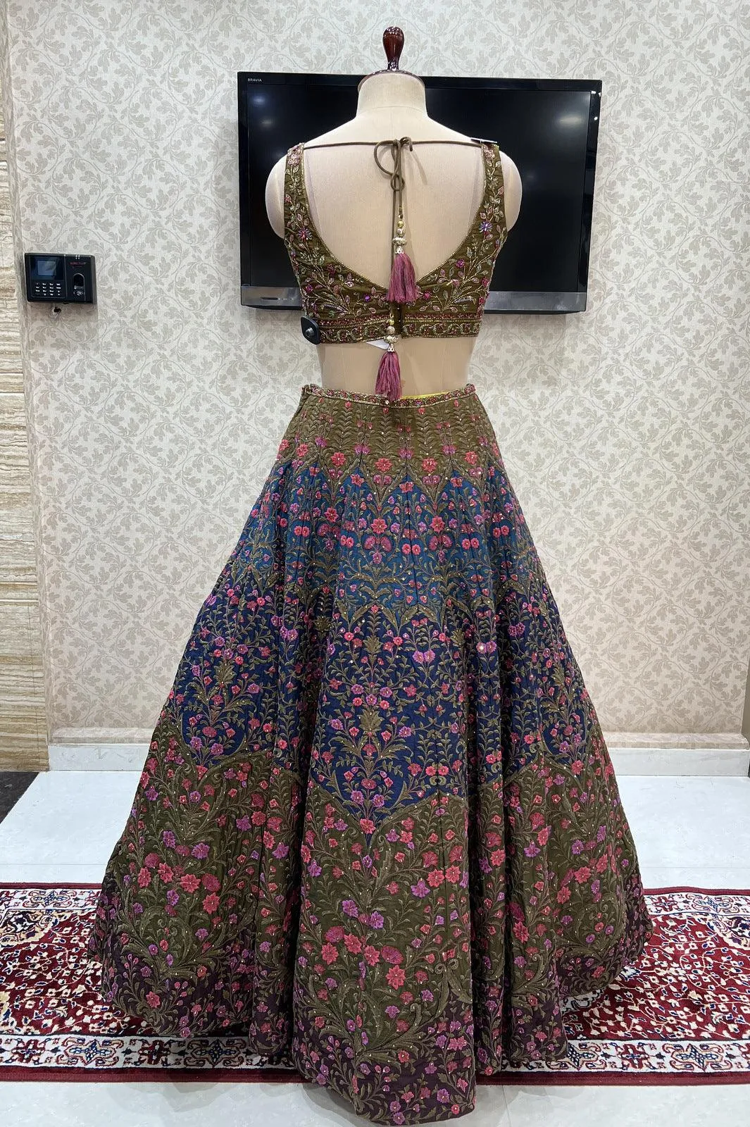 Mehendi Green with Multicolor Embroidery and Stone work Crop Top Designer Bridal Lehenga