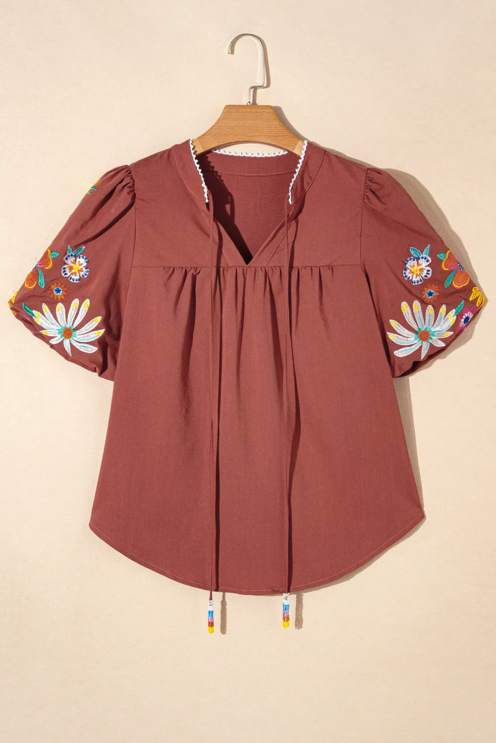 Mineral Red Floral Embroidered Puff Sleeve Split Neck Blouse