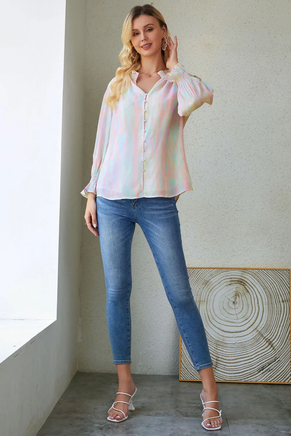 Multicolor Abstract Print Frilled Buttoned Long Sleeve Shirt