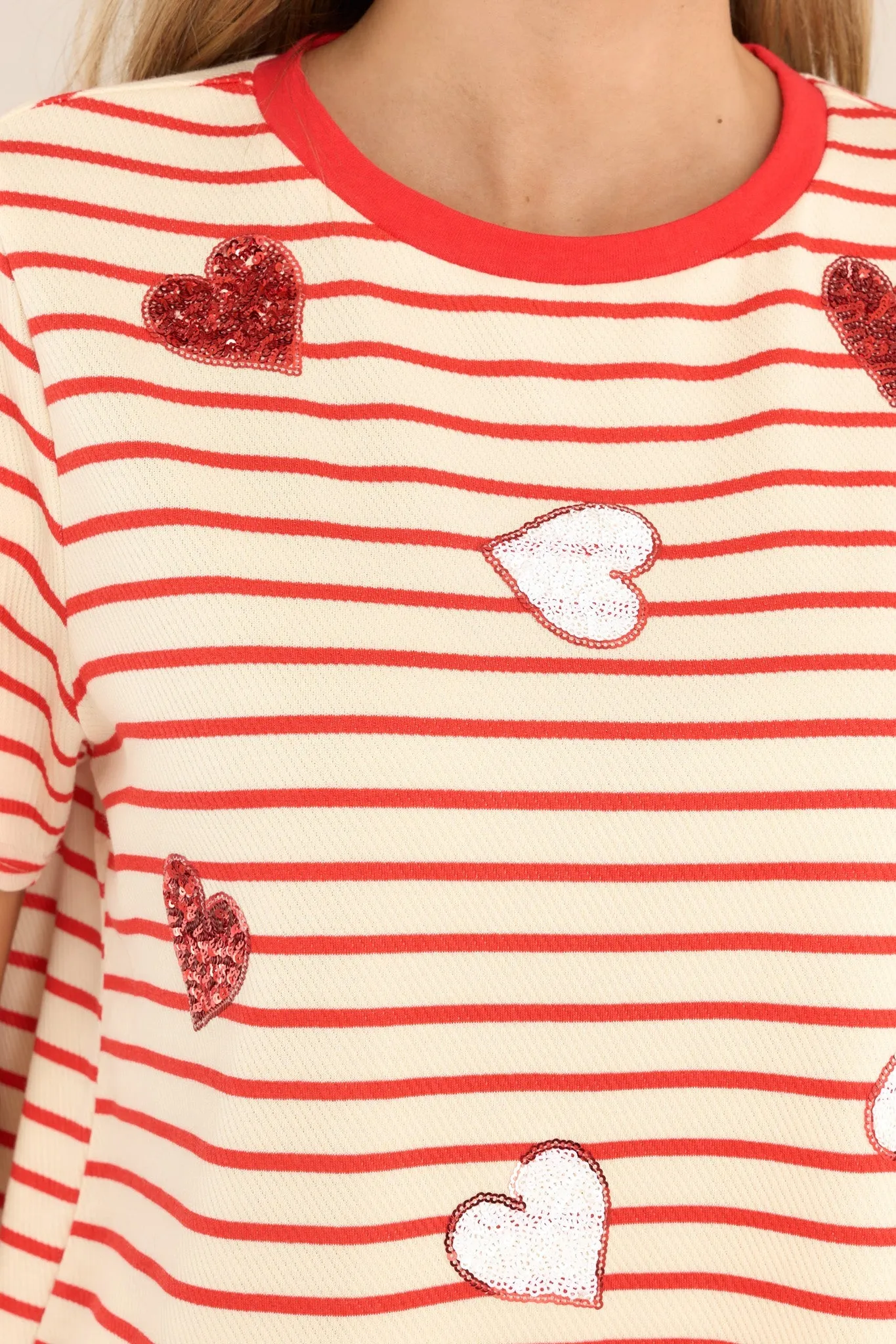 On My Sleeve Red Stripe Sequin Heart Top