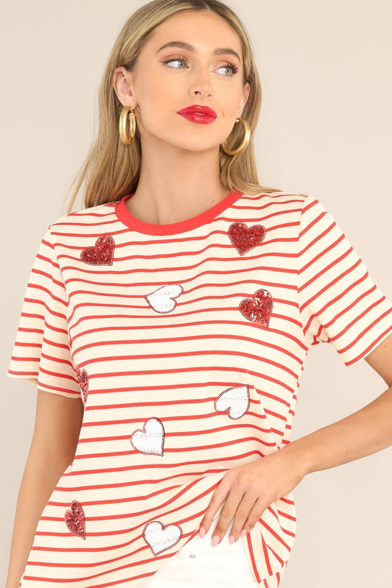 On My Sleeve Red Stripe Sequin Heart Top