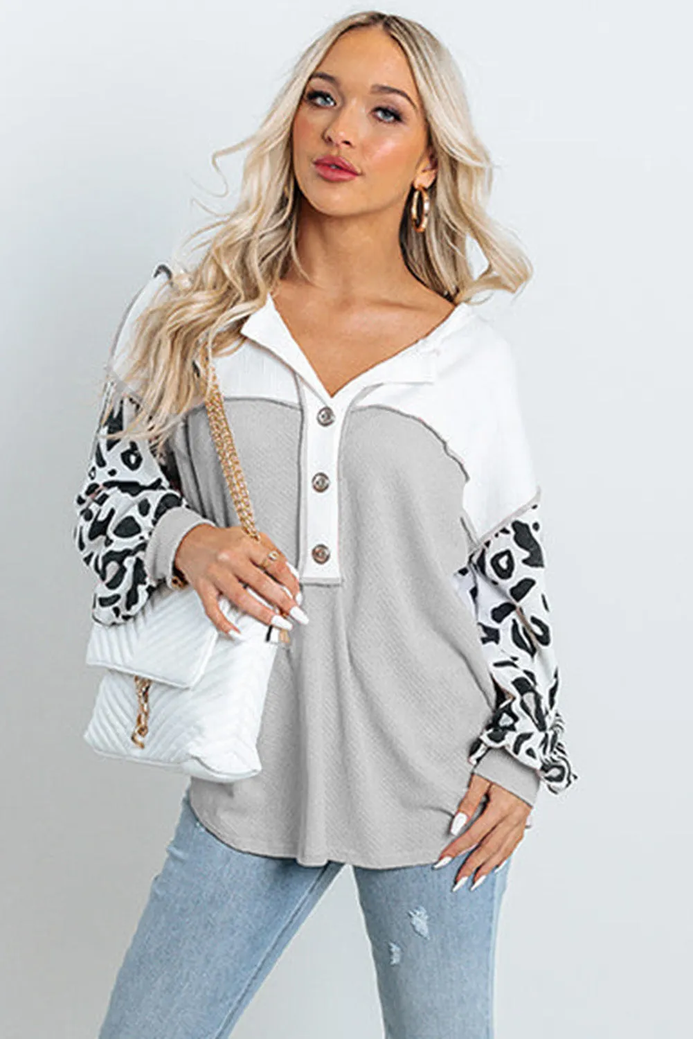 Pink Leopard Sleeve Patchwork Waffle Knit Top