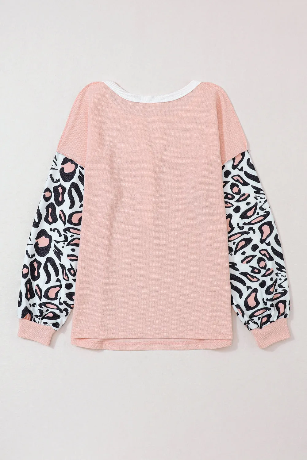 Pink Leopard Sleeve Patchwork Waffle Knit Top