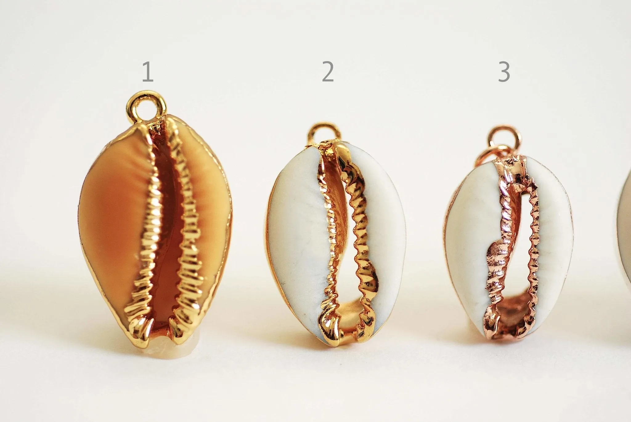 Real Natural Cowrie Shell, Gold, Sterling Silver, Rose Gold, gold dipped shell pendant, Cowrie shell pendant charm, Cut Cowrie Shell Beads