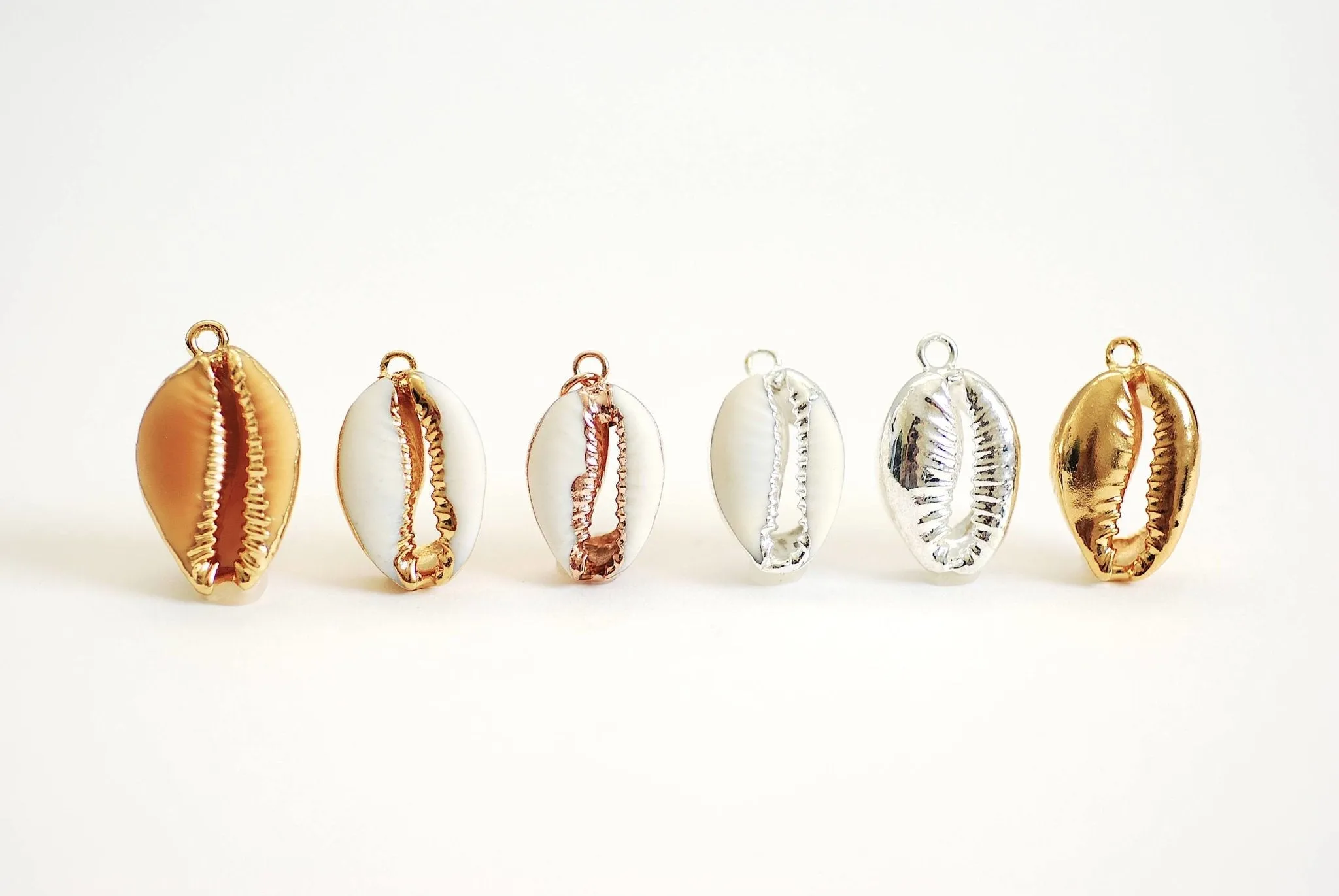 Real Natural Cowrie Shell, Gold, Sterling Silver, Rose Gold, gold dipped shell pendant, Cowrie shell pendant charm, Cut Cowrie Shell Beads