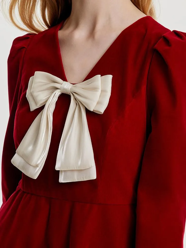 Red Velvet Mini Dress With Detachable Bowknot