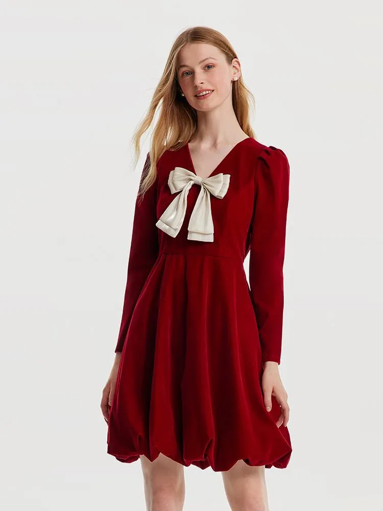 Red Velvet Mini Dress With Detachable Bowknot