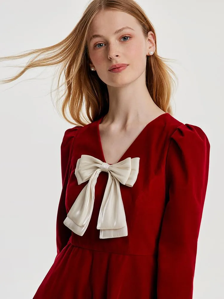 Red Velvet Mini Dress With Detachable Bowknot