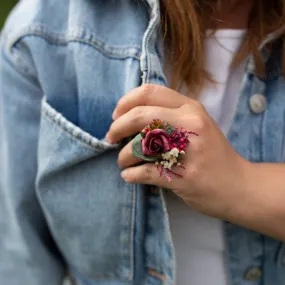 Romantic burgundy flower ring Bridal ring with baby's breath Ring with red wine rose Adjustable ring Nickel free Magaela accessories Wedding