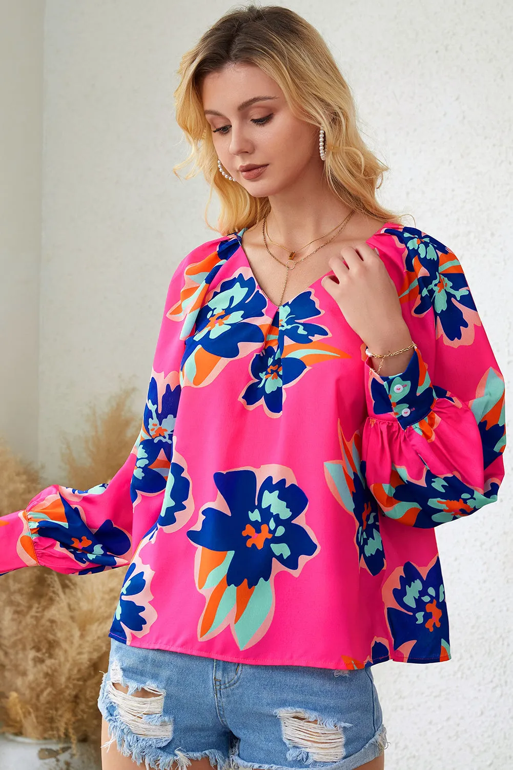 Rose Flower Print Puff Sleeve Blouse