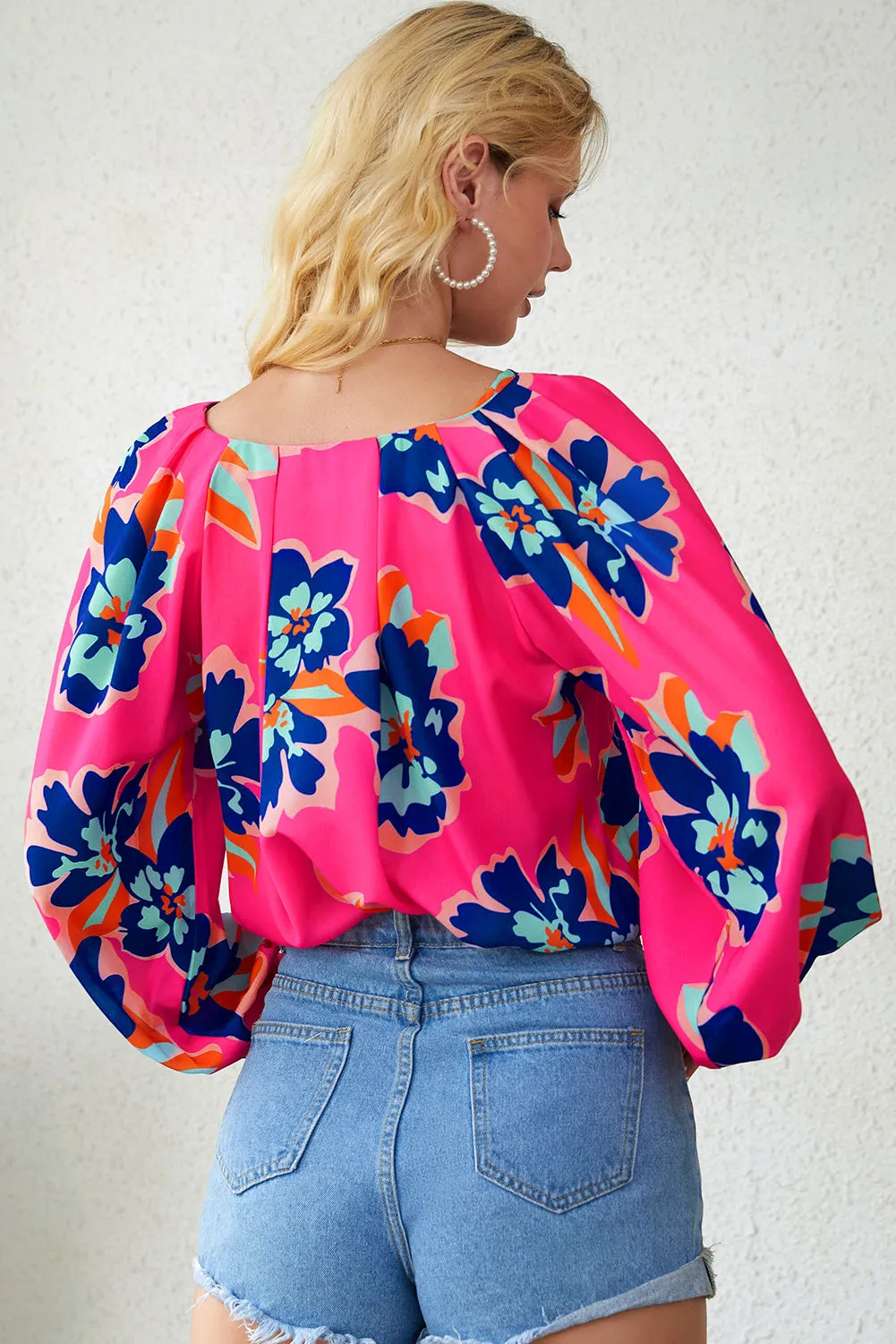 Rose Flower Print Puff Sleeve Blouse