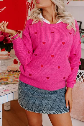 Rose Red Heart Shape Drop Shoulder Round Neck Sweater