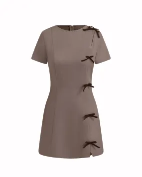 Round Neck Solid Bowknot Brown Mini Dress