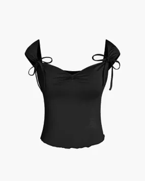 Ruched Lettuce Trim Bowknot Crop Cami Top In Black