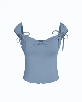 Ruched Lettuce Trim Bowknot Crop Cami Top In Blue